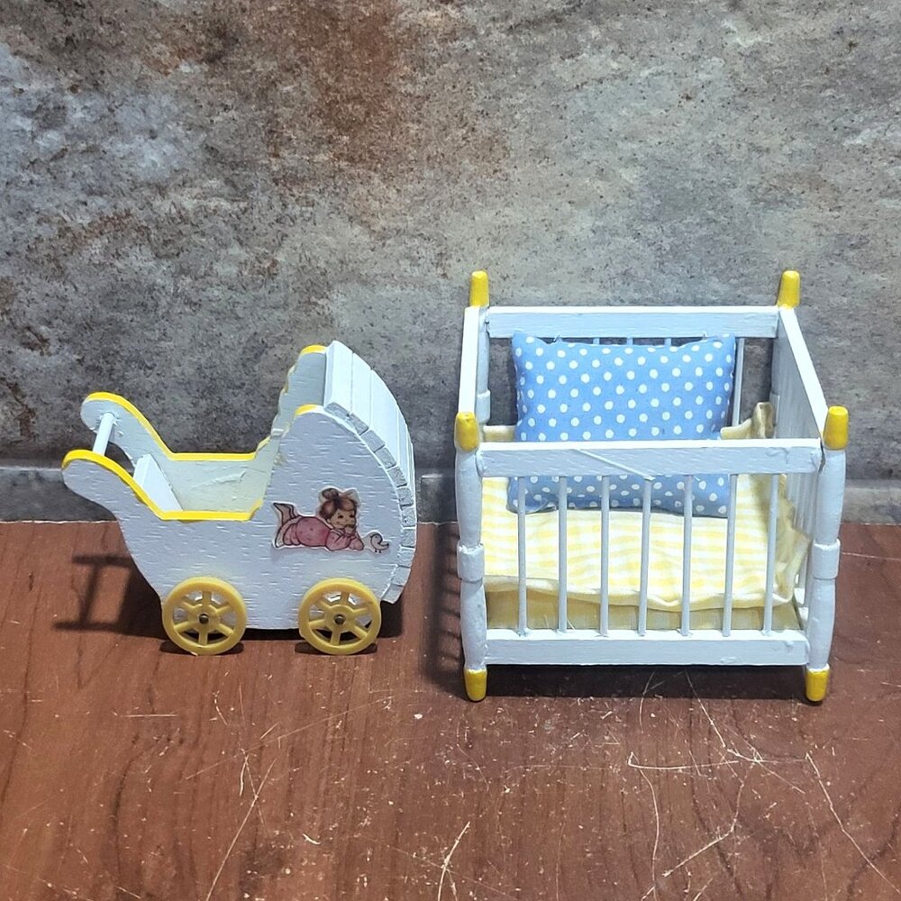 VTG Miniature Dollhouse Nursery Furniture Baby Carriage & Playpen